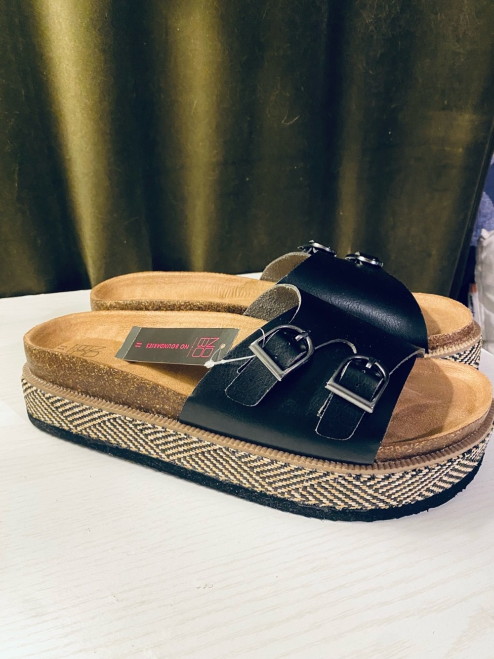 NOBO Black Double-Buckle Platform Slide Sandals, Size 11, NEW with Tags and Box